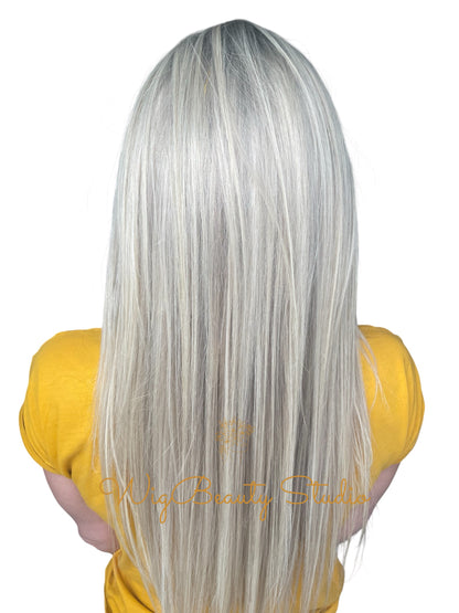 Emilia Human Hair Topper -Ash Rooted with Lowlights and Platinum Blonde Highlights