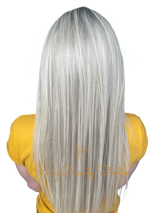 Emilia Human Hair Topper -Ash Rooted with Lowlights and Platinum Blonde Highlights